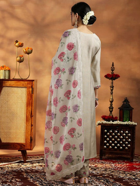 Floral Embroidered Pleated Thread Work Kurta with Trouser & Dupatta Set