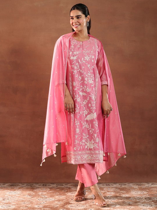 Floral Embroidered Chanderi Silk Kurta With Trousers & Dupatta Set