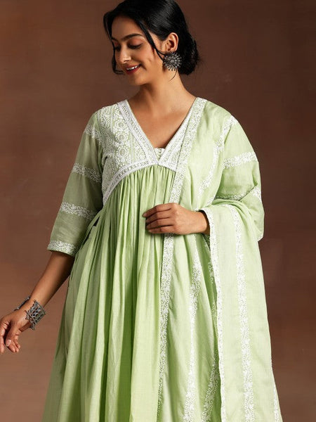 Women Ethnic Motifs High Slit Thread Work Pure Cotton Kurta with Palazzos & Dupatta Set VitansEthnics