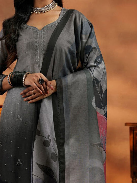 Women Grey Ombre Regular Beads and Stones Kurta with Trousers & With Dupatta Set VitansEthnics