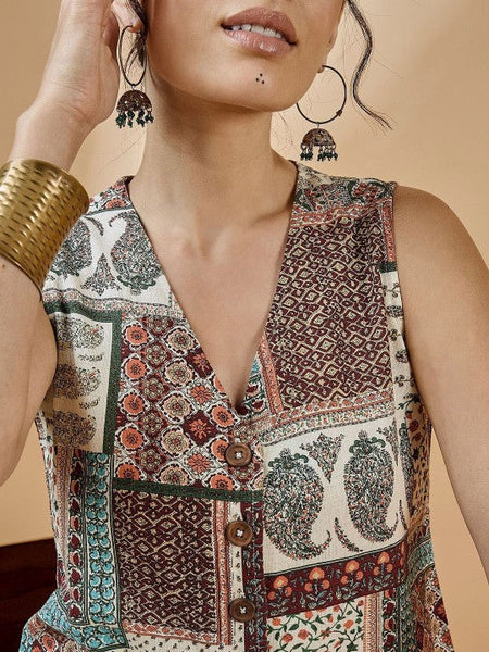 Women Ethnic Printed Pure Cotton Waistcoat With Trousers Set Indo-Western Outfit VitansEthnics
