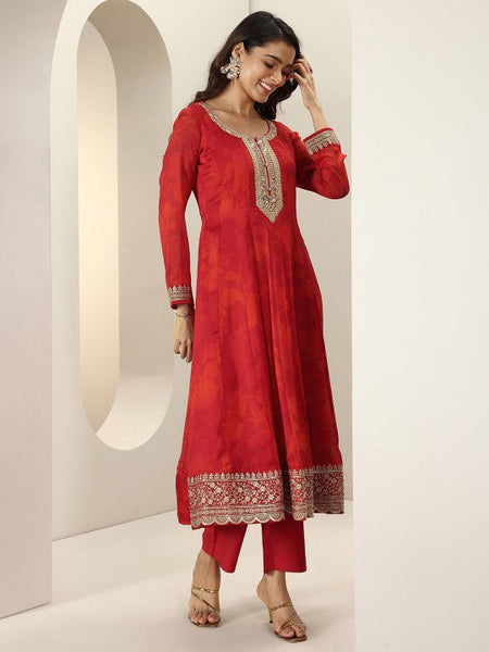 Women Embroidered Pleated Silk Chiffon Kurta with Trousers & With Dupatta Indian Suit Set VitansEthnics
