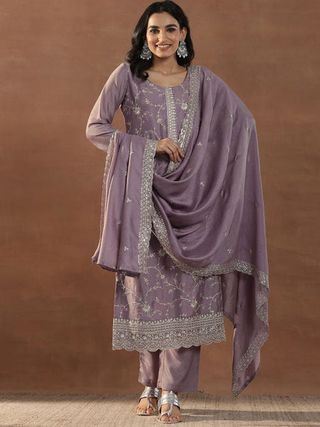 Mauve Floral Embroidered Round Neck Sequinned Straight Kurta With Trousers & Dupatta