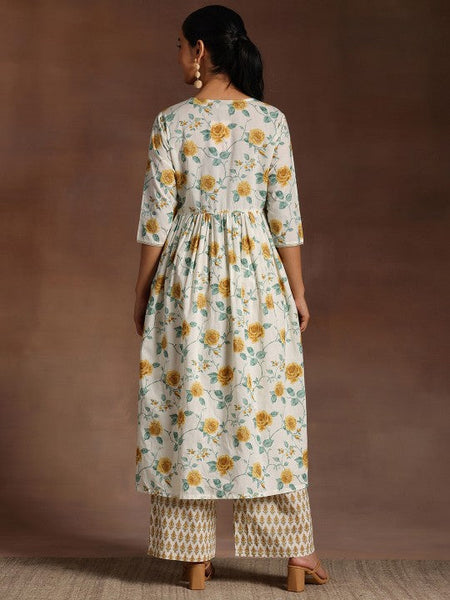 Women Floral Printed Pleated Gotta Patti Pure Cotton A-Line Kurta With Palazzos Set VitansEthnics