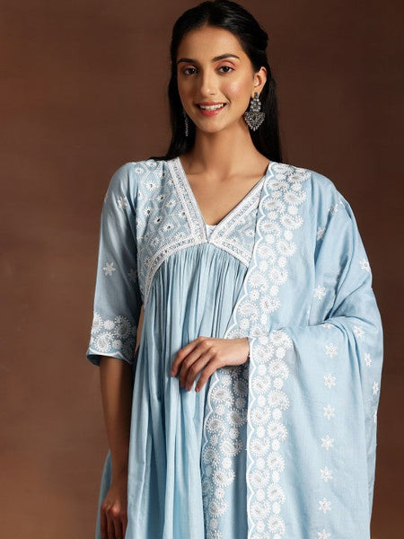 Women Blue Paisley Embroidered V-Neck Flared Thread Work Pure Cotton A-Line Kurta Set VitansEthnics
