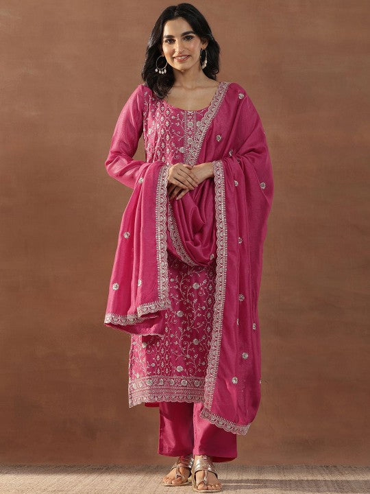Pink Floral Embroidered Scoop Neck Sequinned Straight Kurta With Trousers & Dupatta