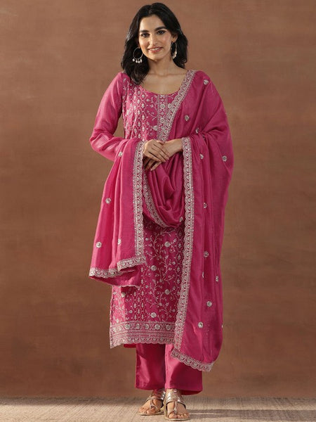 Pink Floral Embroidered Scoop Neck Sequinned Straight Kurta With Trousers & Dupatta