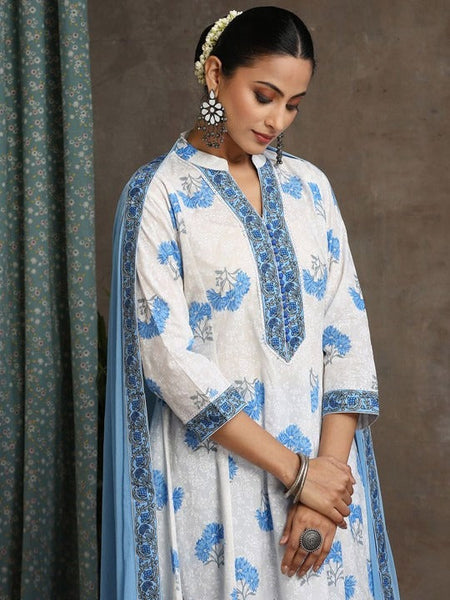 Women Floral Printed Pure Cotton A-Line Kurta With Palazzos And Dupatta Set VitansEthnics