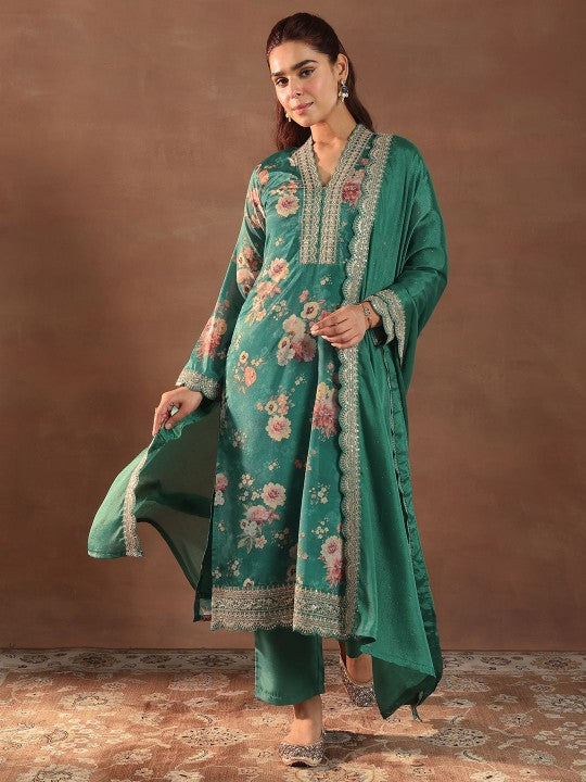 Women Floral Printed V-Neck Thread Work Silk Kurta With Trousers & Dupatta