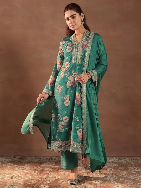 Women Floral Printed V-Neck Thread Work Silk Kurta With Trousers & Dupatta