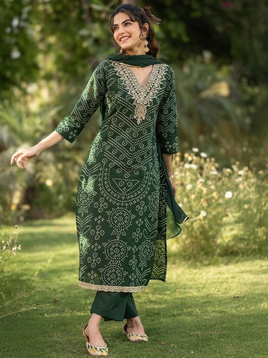 Women Bandhani Printed Thread Work Straight Kurta With Trousers & Dupatta VitansEthnics