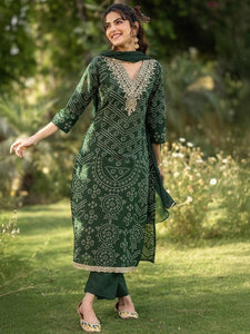 Women Bandhani Printed Thread Work Straight Kurta With Trousers & Dupatta VitansEthnics