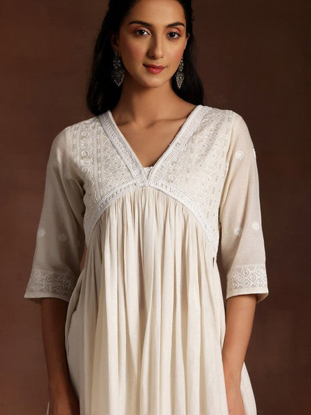 Women Ethnic Motifs High Slit Thread Work Pure Cotton Kurta with Palazzo & Dupatta Set VitansEthnics