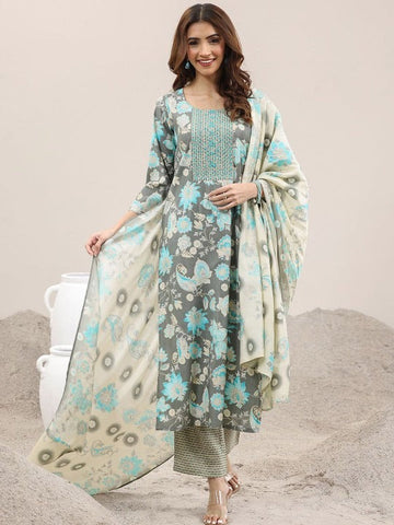 Floral Printed Thread Work Round Neck Straight Kurta With Trousers & Dupatta Set VitansEthnics