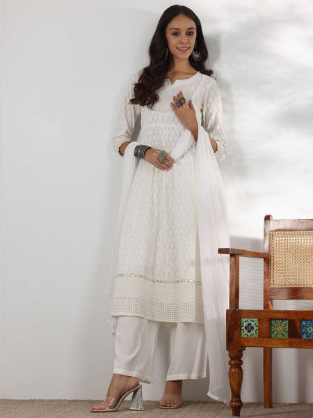 Women Embroidered Mirror Work Pure Cotton Anarkali Kurta With Palazzo & Dupatta Set VitansEthnics