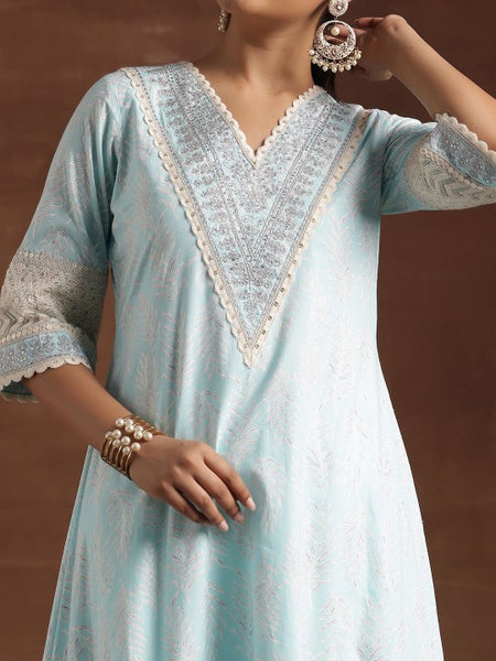 Women Blue Floral Printed Sequinned Pure Cotton Kurta with Trousers & Dupatta