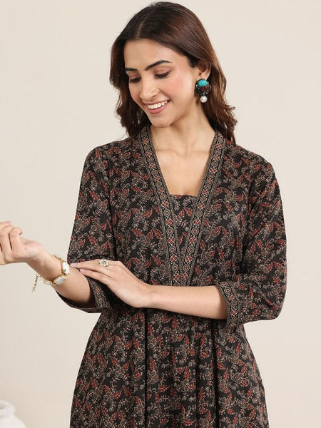 Women Floral Printed V-Neck A-LIne Kurta With Trousers And Dupatta Set VitansEthnics