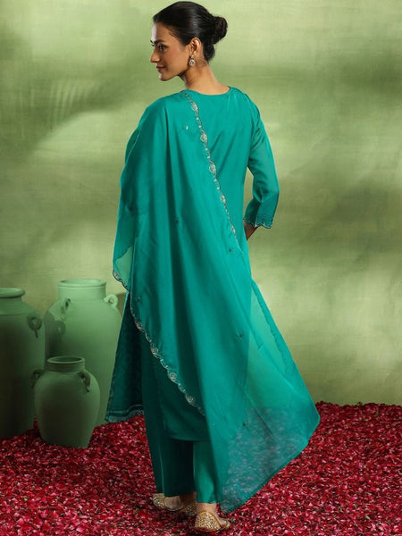 V-Neck Woven Design Zari Straight Kurta with Trouser & Dupatta Set