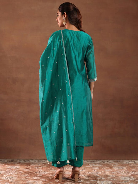 Floral Embroidered Chanderi Silk Kurta With Trousers & Dupatta Set