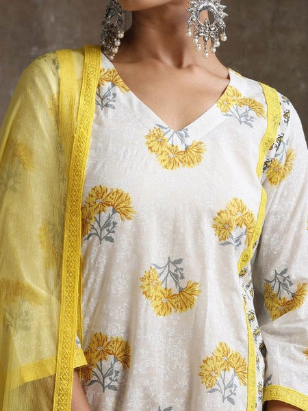 Women Floral Printed Pure Cotton Straight Kurta With Palazzos And Dupatta Set VitansEthnics
