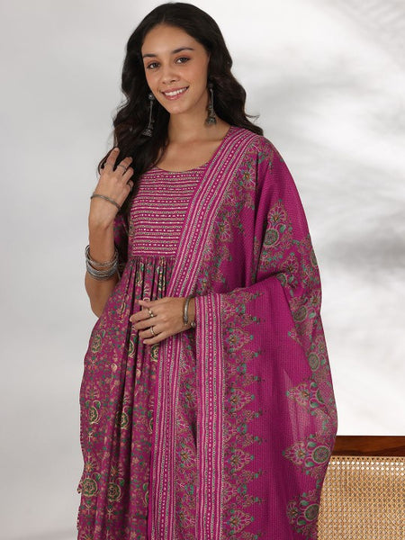 Women Pink Floral Printed Pleated Sequinned Straight Kurta with Trousers & Dupatta