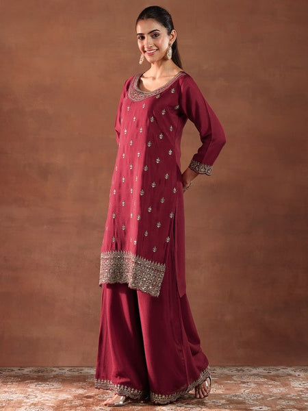 Women Floral Embroidered Sequinned Straight Kurta with Palazzos & Dupatta