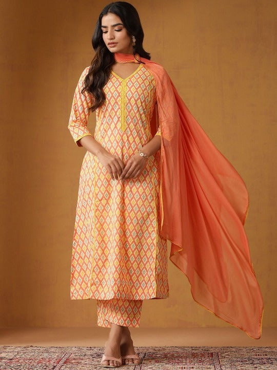 Women Geometric Printed Pure Cotton Straight Kurta With Palazzo And Dupatta Set VitansEthnics