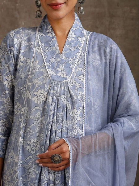 Women Floral Printed Pure Cotton A-Line Kurta With Palazzos And Dupatta Set VitansEthnics