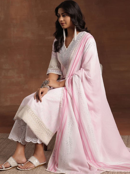 Women Pink Floral Printed Sequinned Pure Cotton Kurta with Trousers & Dupatta