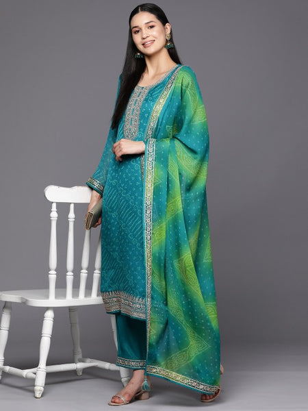 Women Turquoise Blue Bandhani Printed Kurta with Trousers & With Dupatta