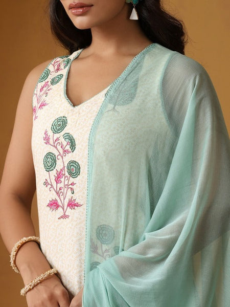 Women Floral Printed Sleeveless Pure Cotton Kurta Set With Dupatta Set VitansEthnics