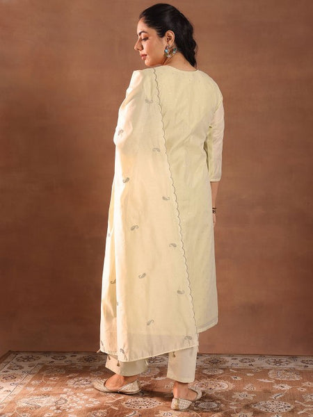 Floral Woven Design Thread Work Chanderi Silk Kurta With Trouser & Dupatta