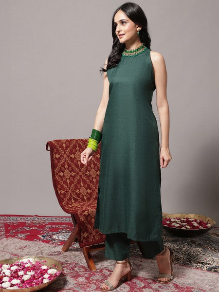 Women Regular Halter Neck Kurta With Trousers & Dupatta Set VitansEthnics
