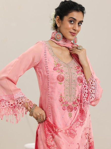 Women Floral Embroidered Panelled Kurta With Trousers & Dupatta Set