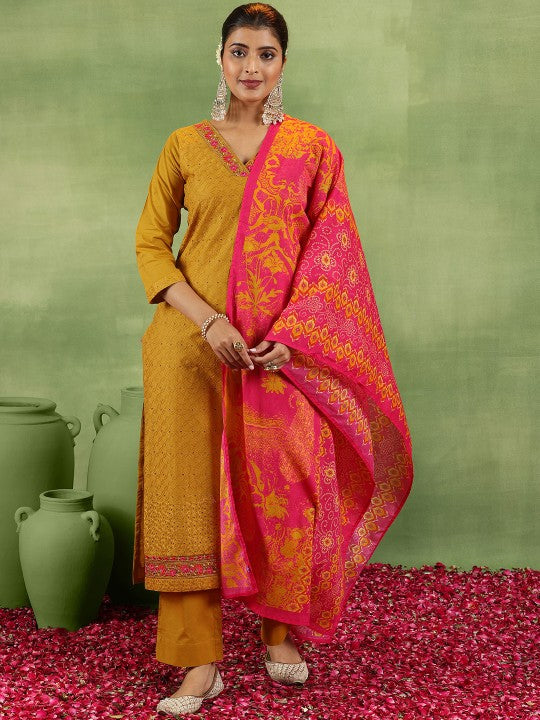 Mustrad Yellow Floral Embroidered Schiffli Cotton Kurta With Trousers & Dupatta