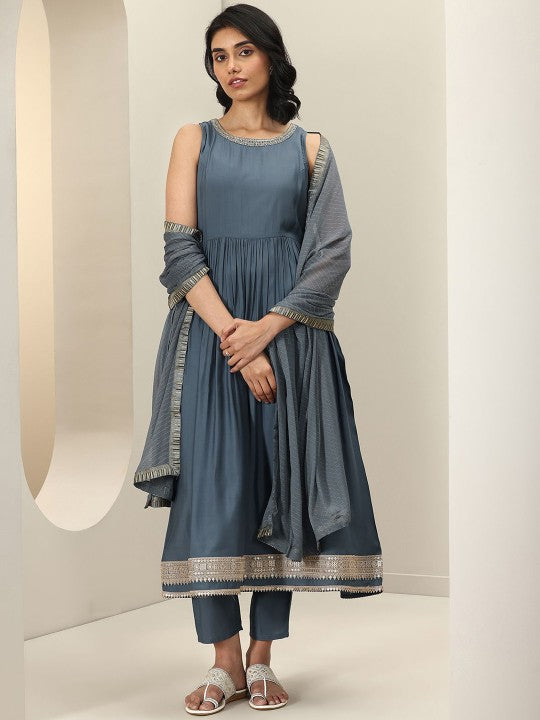 Women Pleated Kurta with Trousers & With Dupatta Indian Suit Set VitansEthnics