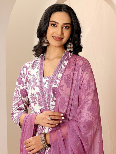 Women Floral Printed V-Neck Panelled Kurta With Trousers And Dupatta Indian Suit Set VitansEthnics