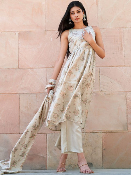 Women Beige Floral Printed Regular Kurta with Palazzos & With Dupatta Set