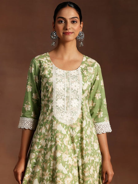 Women Floral Embroidered Thread Work Pure Cotton Kurta & Trousers With Dupatta