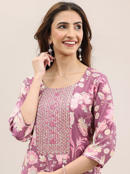 Floral Printed Thread Work Straight Kurta With Trousers & Dupatta Set VitansEthnics