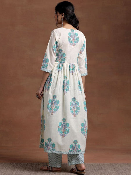 Women Square Neck Floral Printed Pleated Pure Cotton A Line Kurta with Trouser VitansEthnics