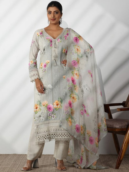 Women Floral Printed V-Neck Thread Work Kurta With Trousers & Dupatta Set