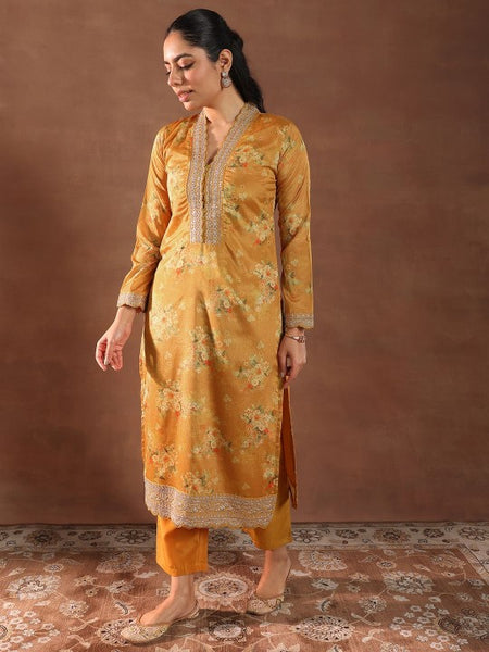 Women Floral Printed V-Neck Thread Work Silk Kurta With Trousers & Dupatta