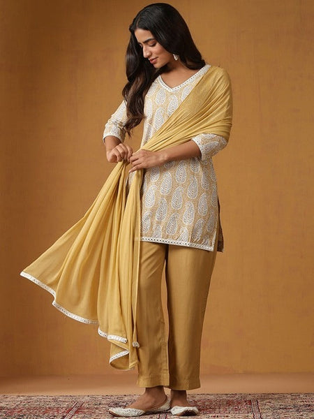 Women Paisley Printed Pure Cotton Straight Kurta With Palazzo And Dupatta Set VitansEthnics