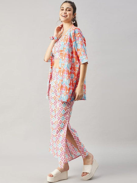Ethnic Motifs Printed Pure Cotton Top & Trousers With Shrug & Scrunchie Coord Set VitansEthnics