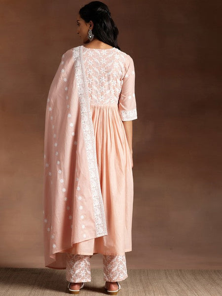 Women Peach Ethnic Motifs Embroidered V-Neck Thread Work Pure Cotton A-Line Kurta Set VitansEthnics