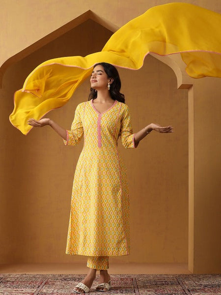 Women Geometric Printed Regular Aline Calf Length Kurta with Palazzos & Dupatta Set VitansEthnics