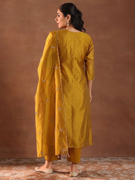 Floral Embroidered Thread Work Chanderi Silk Straight Kurta with Trousers & Dupatta Set