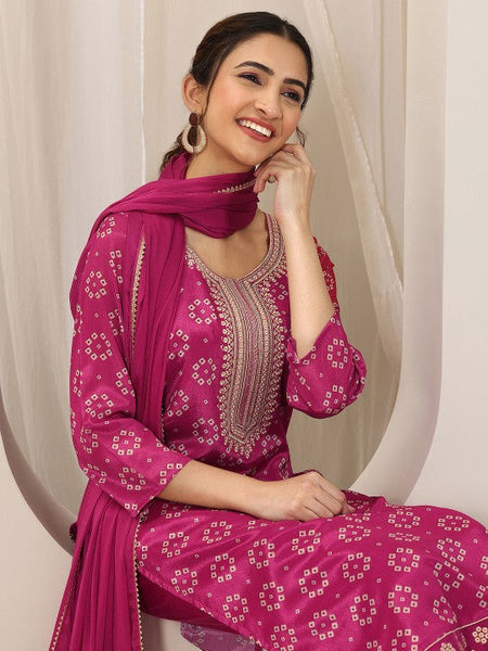 Women Bandhani Printed Round Neck Sequinned Straight Kurta With Trouser & Dupatta Set VitansEthnics