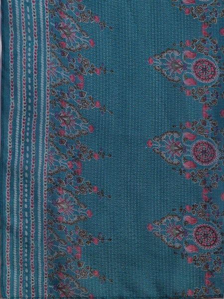 Women Blue Floral Printed Pleated Sequinned Straight Kurta with Trousers & Dupatta